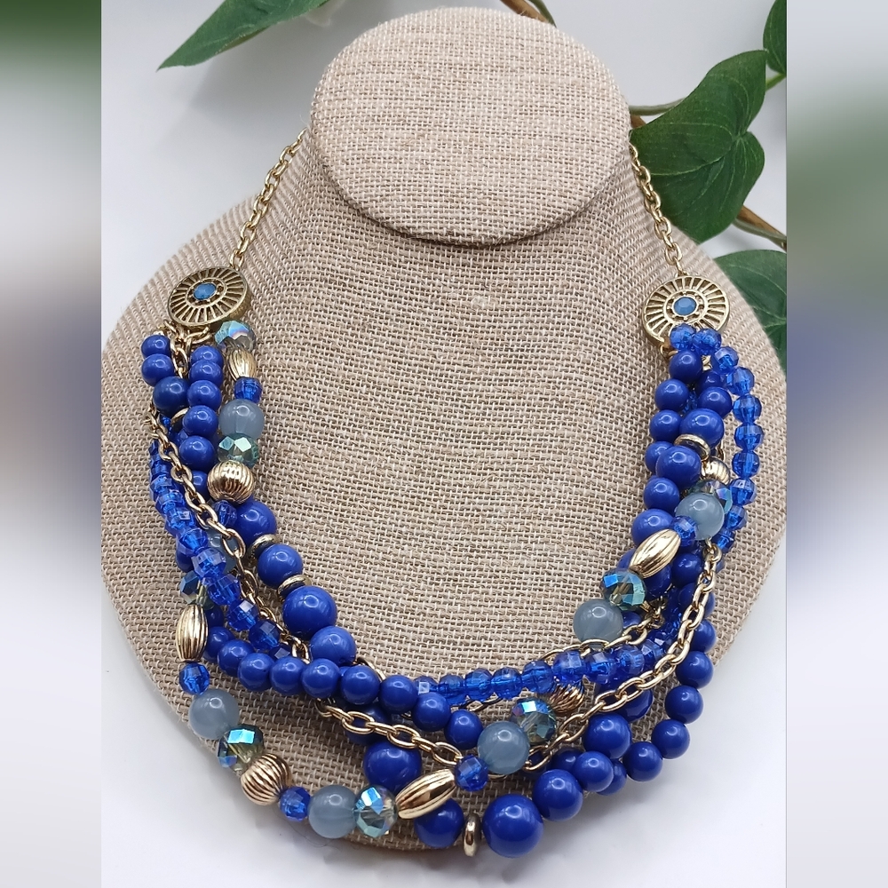 Multi-Layer Statement Necklace Blues & Gold Tone … - image 3
